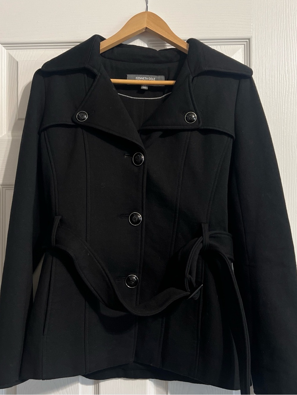 Kenneth Cole Reaction Women’s Black Mid Length Belted Pea Coat Jacket Size M